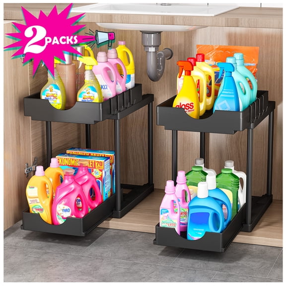 OKENTEN 2-Pack Double Sliding Under Sink Organizer, Two-Tier Bathroom and Kitchen Storage with Hooks, Black
