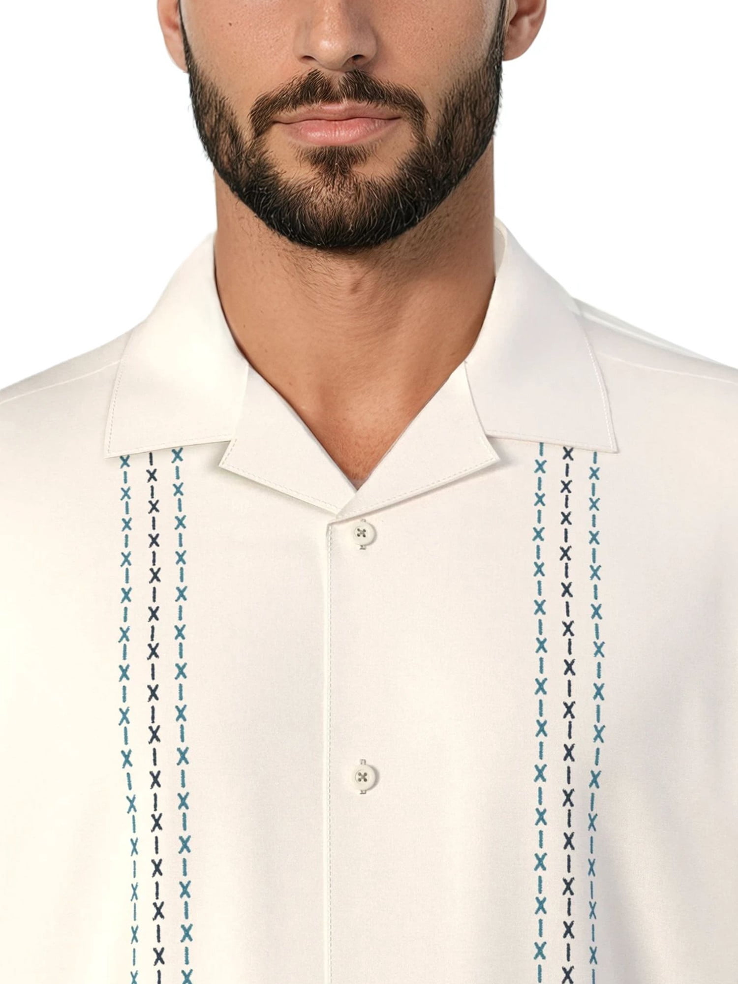Havanera Men's and Big Men's Embroidered Panels Short Sleeve Linen Cotton Button-Down Shirt, Sizes S-5XL