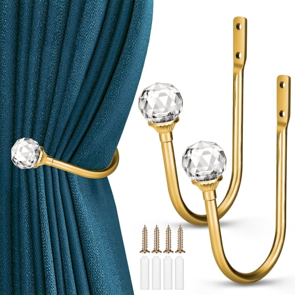 2pcs Curtain Holdbacks,Heavy Duty Drapery Tieback Hooks with Crystal Ball,Gold