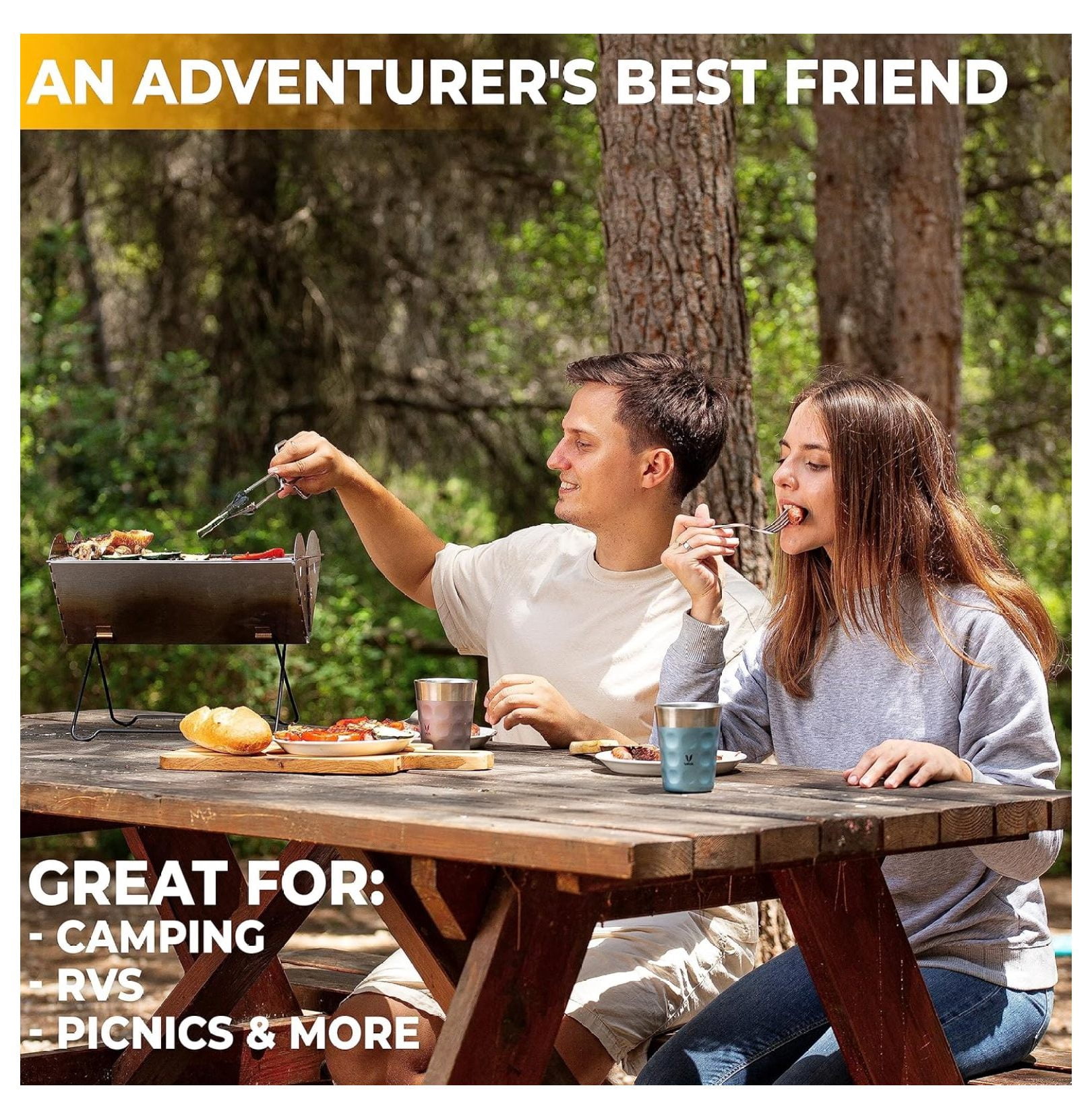 Camping Grill Stainless Steel, Portable Charcoal Grill, Foldable BBQ for Hiking & Picnics