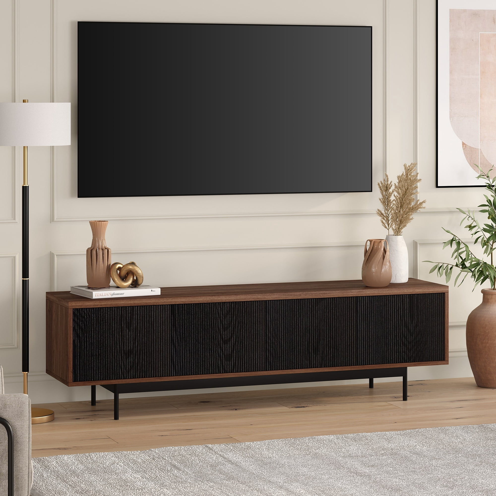 Heath & Cliff Whitman Rectangular TV Stand for TV's up to 75" - 70" Wide Satin Walnut/Black Grain