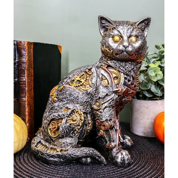 Ebros Steampunk Cyborg Cat with Clockwork Gears Nuts and Bolts Statue 8"Tall