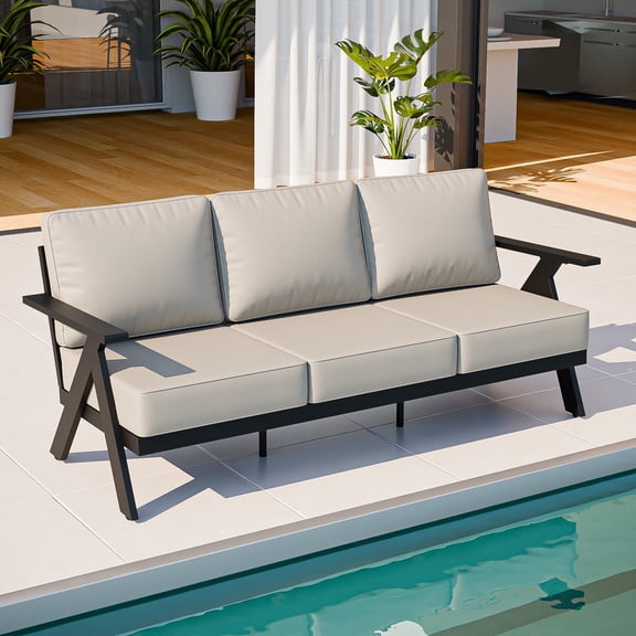COOS BAY Iron Luxe Modern Outdoor Sofa Aluminum Patio Furniture Set , Patio Couch with Weather-Resistant Cushions & Rust-Resistant Metal Frame, Black/Beige
