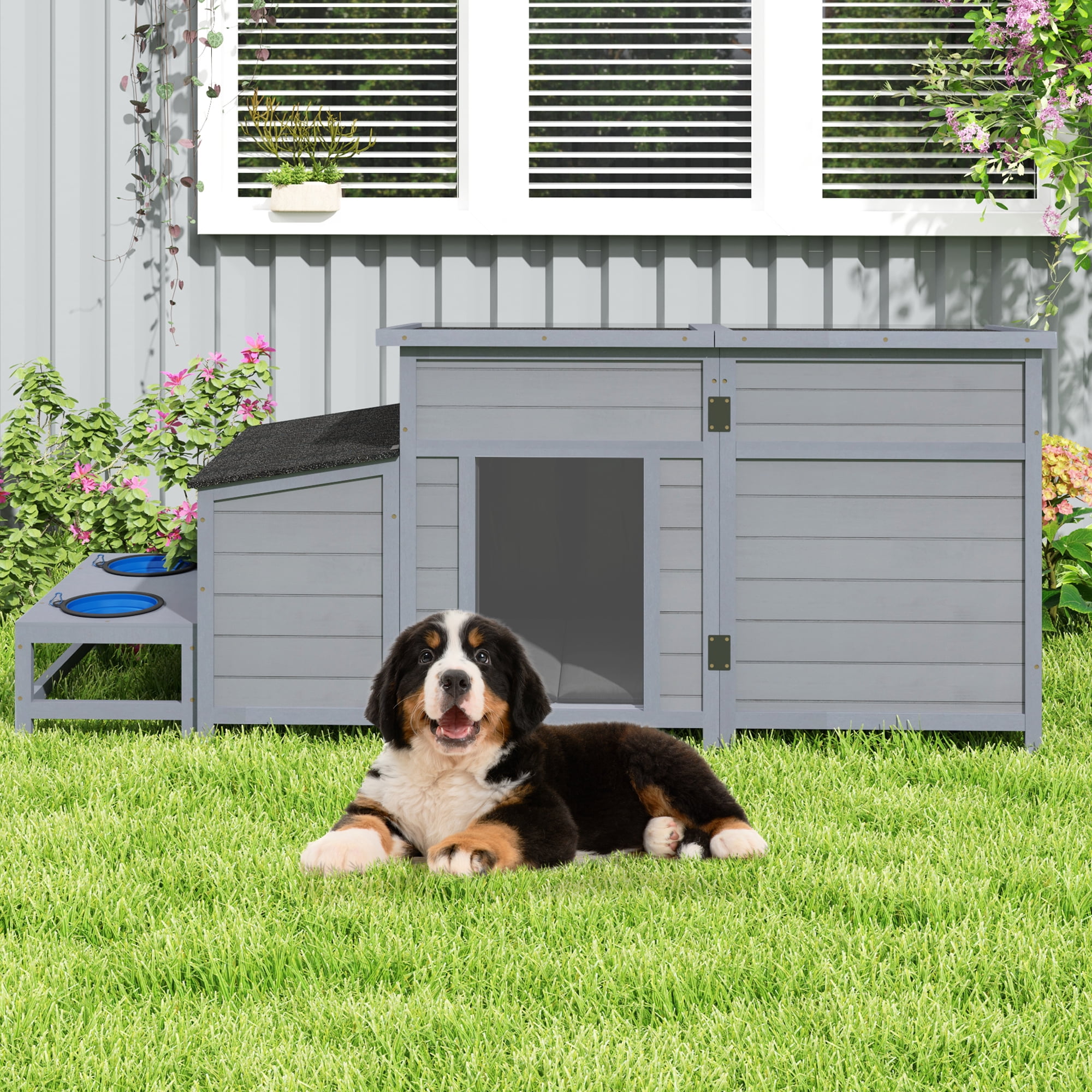 COZIWOW Dog House Outdoor Wooden Dog Kennel Weatherproof with Slow Food Bowls, Storage Box, Open Roof
