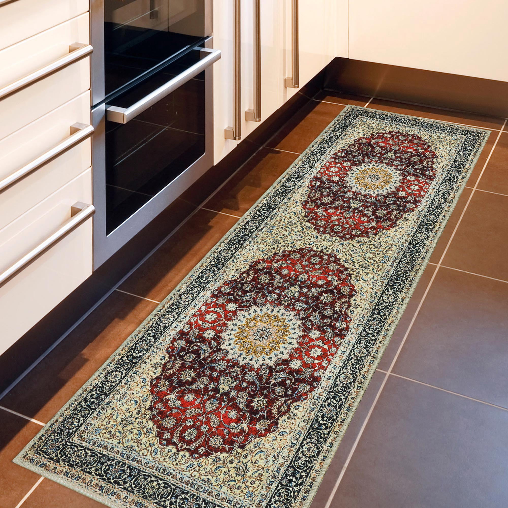 Ottomanson Machine Washable Cotton 2x5 Flatweave Runner Rug for Bedroom, 20" x 59", Red Medallion