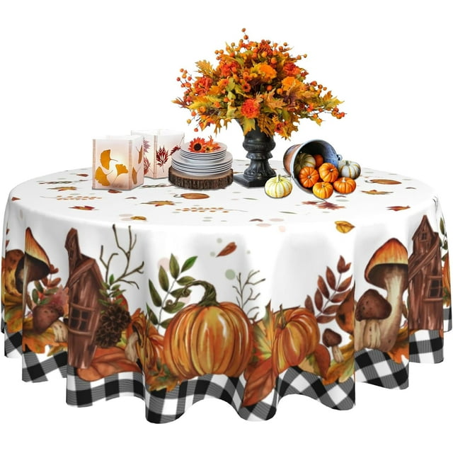 Fall Tablecloth Round 60 Inch, Buffalo Plaid Pumpkin Mushroom Leaves Fall Table Cloth Thanksgiving Autumn Table Cover for Party Picnic Kitchen Dinner Decor