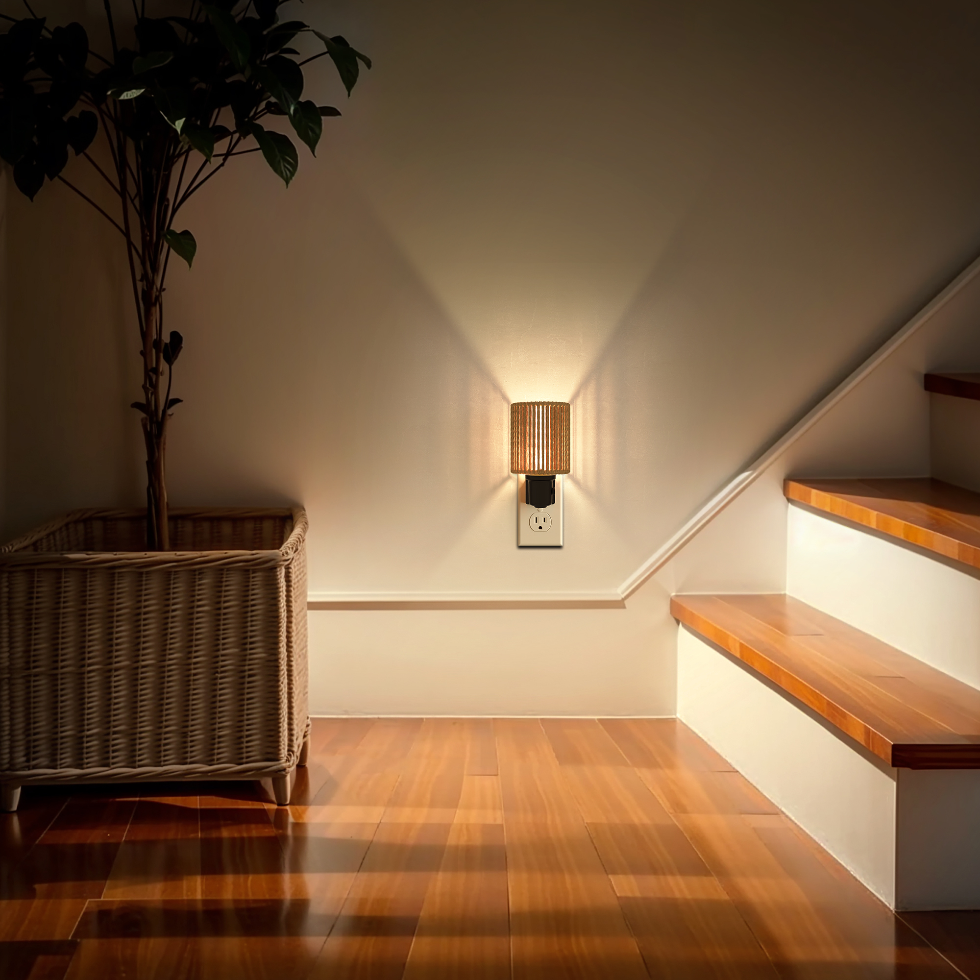 YANSUN 1 Pack Boho Plug in Night Light, Vintage Rattan Dimmable 3000K Decorative Nightlight with Light Sensor and Metal Ring for Bedroom Bathroom