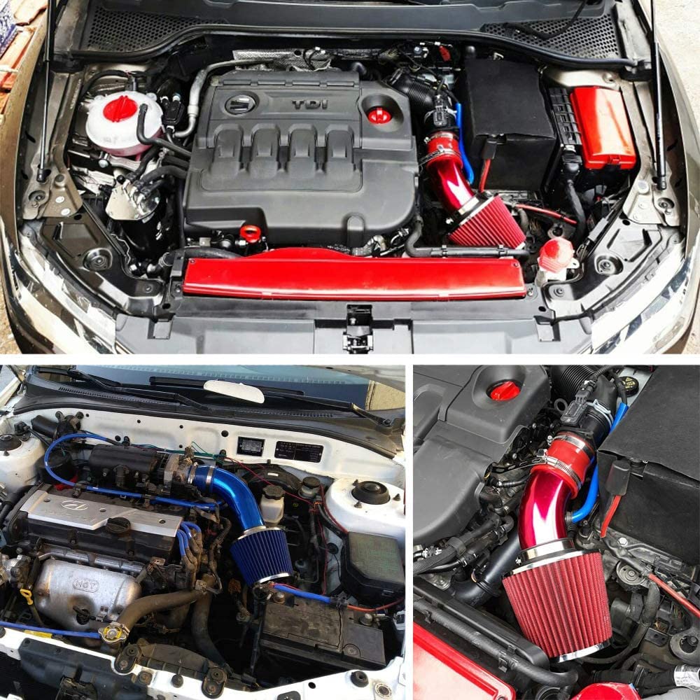 Universal Car Cool Air Intake Kit 3 Inch Diameter Pipe Aluminium Automotive Filter Induction Low Hose and Clamp Kits (Red)