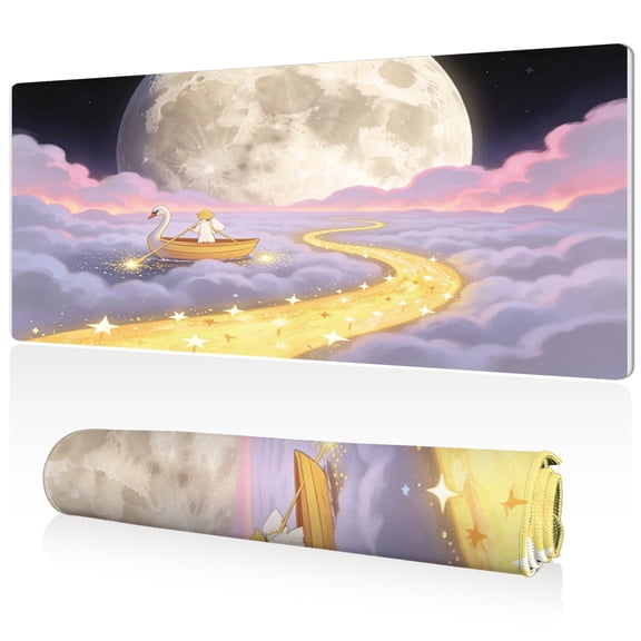LIVEKEY Moonlight Swan Boat Mouse Pad 80x40x0.3cm Sailing on Starry Road Over Clouds Design Extra Large Full Desk Coverage Non Slip Durable Easy Clean Stitched Edges for Gaming and Office