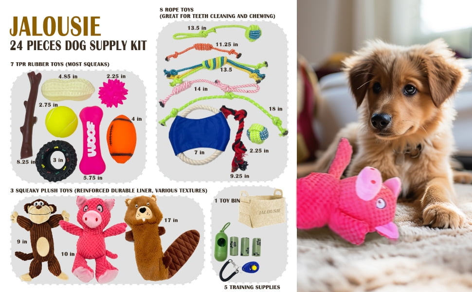 Jalousie Multipack Dog Squeaky Toys Bulk Bundle Pup Toy - Puppy Toys for Pets for Small Medium Breed (24 PCs Gift Basket)