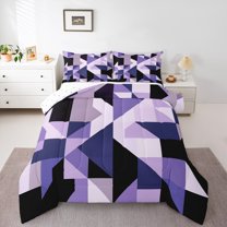 Manfei Chic Abstract Stripes Full Size Comforter Sets for Adult, Purple Rectangle Geometric Bedding Comforter Set, Retro Artwork Reversible Bedding Sets, Super Cozy Room Decor, 3-Piece