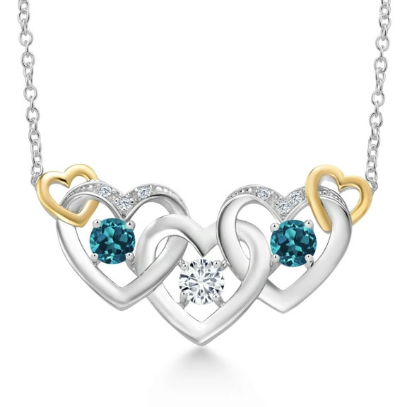 Gem Stone King 925 Silver and 10K Yellow Gold White Lab Grown Diamond and London Blue Topaz Heart Shape Pendant Necklace for Women (0.99 Cttw, with 18 inch Chain)
