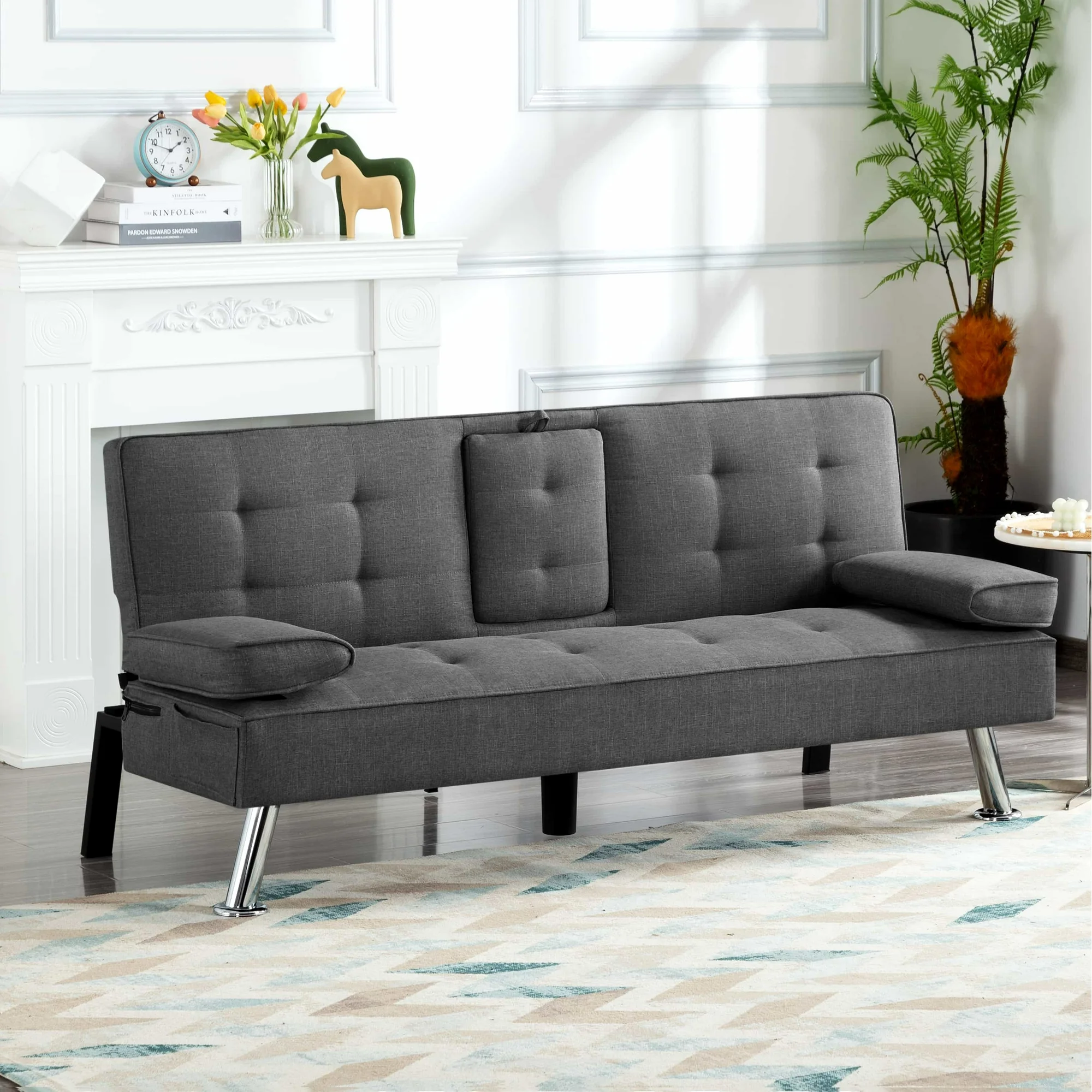 BSHTI Futon Convertible Sleeper Sofa Bed,With 3-Position Adjustable Backrest,Upholstered in Polyester Fabric,a Side Storage Pocket,Twin-Size Sleeper Sofa,Dark Gray