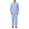 thumbnail image 1 of FOCUSNORM Men's Summer Outfits Solid Color V-Neck Half Sleeve Tops with Drawstring Long Pants Cotton Linen Set, 1 of 9