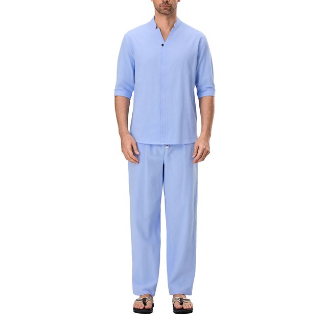 FOCUSNORM Men's Summer Outfits Solid Color V-Neck Half Sleeve Tops with Drawstring Long Pants Cotton Linen Set
