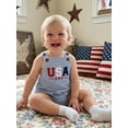 thumbnail image 3 of BemeyourBBs Newborn Baby Boy Girl My First 4th of July Outfit Patriot Independent Day Summer Clothes Romper Overalls USA Flag Embroidery Sleeveless Square Neck Backless Jumpsuit Bodysuit Overalls, 3 of 9