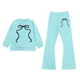 thumbnail image 2 of Girls 2 Piece Summer Outfits Ribbed Striped Short Sleeve T-Shirt & Elastic Waist Wide Leg Pants with Bow Details Casual Clothes for Kids Sky Blue Size 8-9 Years, 2 of 4