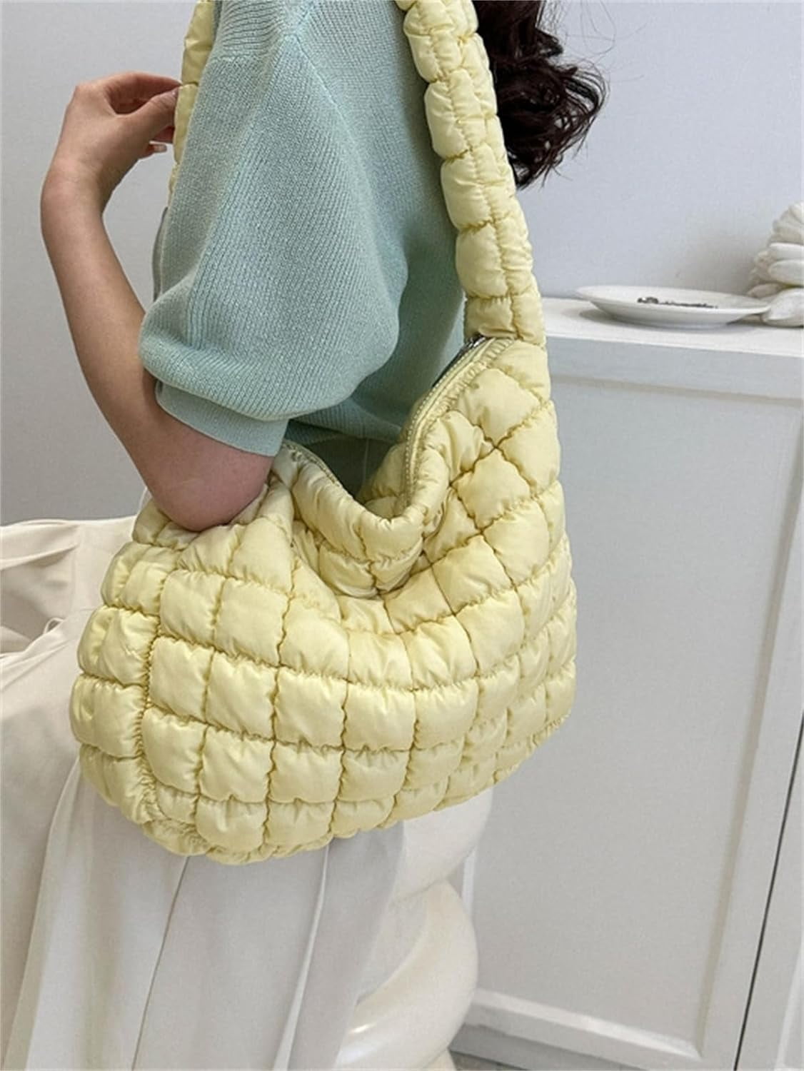 Kukuzhu Puffer Tote Bag Women Quilted Large Shoulder Bags Puffy Bubble Hobo Pleated Purse Nylon Padding Cloud Crossbody Bag 2023