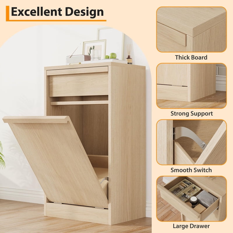 TROPOW Tilt Out Trash Cabinet, Modern Hidden Freestanding Garbage Can & Laundry Hamper, Pet Proof Tilt-Out Trash Bin Cabinet with Drawer for Kitchen, Dining Room, Laundry, Living Room