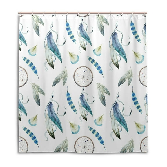 POPCreation Blue Watercolor Feather White Print Polyester Fabric Shower Curtain Waterproof Decorative Bathroom Curtain With Hooks 66x72 inches