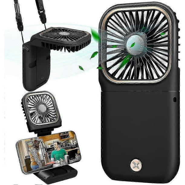 Usb Fan Mini Fan Quiet Hanging Hand Fan, Usb Rechargeable And 3000mah With 3 Speeds, Foldable And Portable Fan For Home, Office And Travel, Black