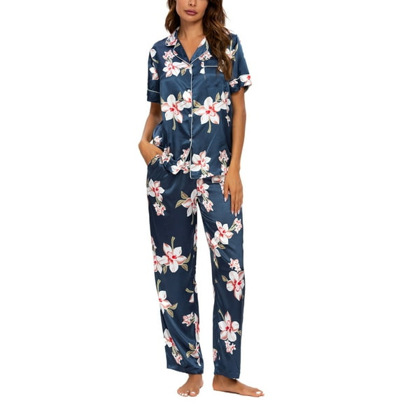 Unique Bargains Women's 2pcs Floral Button Down Pajama Set Nightwear Sleepwear Sets