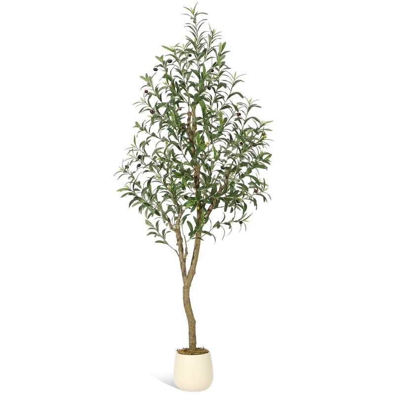 6FT(1PCS) Artificial Olive Tree, UV Resistant Fake Realistic Olive Tree in White Pot with Olives, Moss Decors, Tall Evergreen Faux Plants for Front Door Living Room Garden