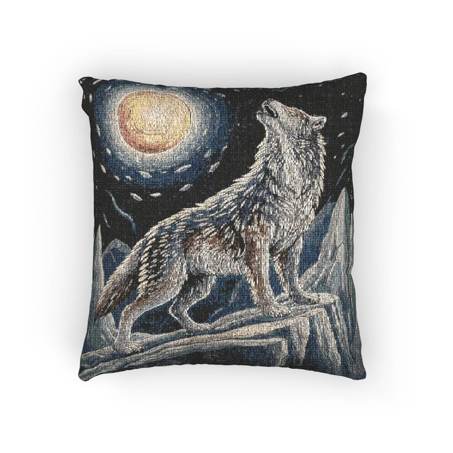Howling Wolf and Full Moon Charcoal Gray Decorative Woven Pillow Rustic Mountain Wildlife Art