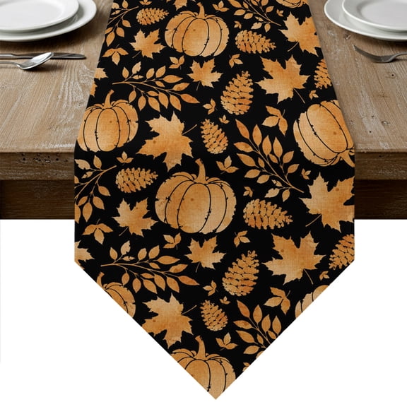 Thanksgiving Fall Table Runner Linen Burlap Table Runner 72 Inches Long Retro Pumpkin Cones Maple Leaf Black Dresser Scarves for Kitchen Island Coffee Dining Room Party Holiday Decoration 16"x72"