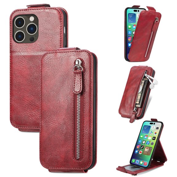 SaniMore for iPhone 14 Pro Magnetic Closure Top & Bottom Flip Wallet Case, Premium PU Leather Cover with Car Mount Card Slot & Adjustable Kickstand Full Body Protective Shell, Red