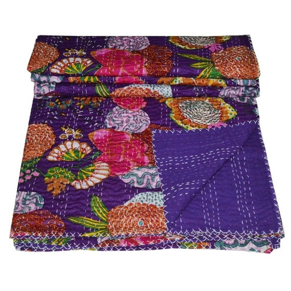 Indian Kantha Quilt Purple Fruit Print Cotton Kantha Throw Kantha Blanket Handmade Quilt Double Size Kantha Bedspread