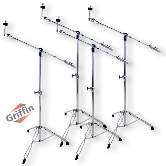 4 PACK Cymbal Boom Stands by Griffin Drum Kit Percussion Gear Chrome Hardware Set with Double Braced Tripod Legs Drummers Counterweight Adapter for Mounting Heavy Duty Crash, Ride, Splash Cymbals