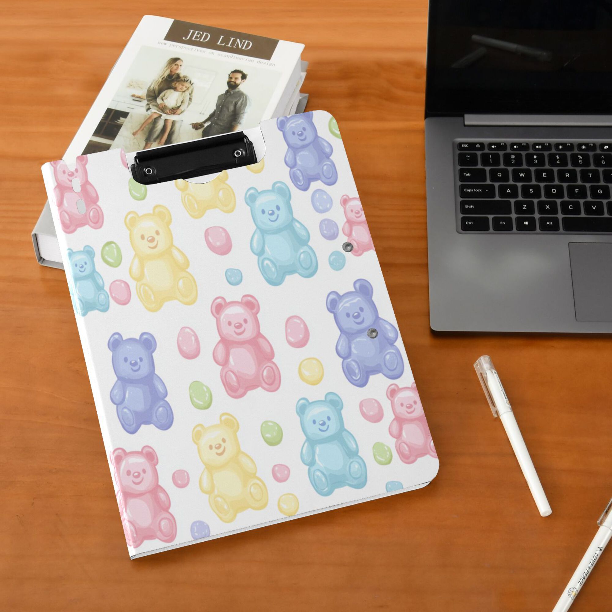 FORMRS A4 Clipboard Folder with Pen Holder Horizontal Foldable School Office Binder, Colorful Gummy Bears Pattern