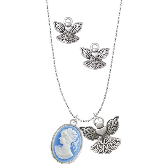 Delight Jewelry Silvertone Small Blue Oval Cameo Silver tone Guardian Angel Charm Necklace and Stud Earrings