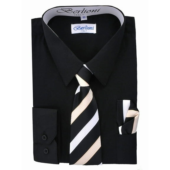 Berlioni Kids Boys Long Sleeve Dress Shirt With Tie and Hanky Black