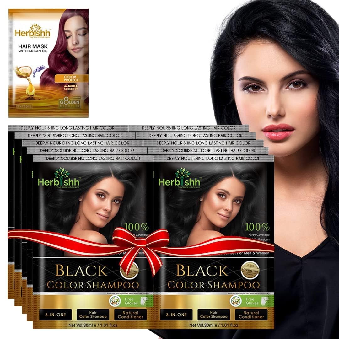 (2 pack) Herbishh Hair Color Shampoo for Gray Hair, Men & Women, Travel Size, 10+1 Pack (Black 30 ml)