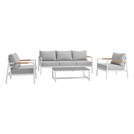 Armen Living Crown Aluminum and Teak Wood Outdoor Coffee Table in White and Gray