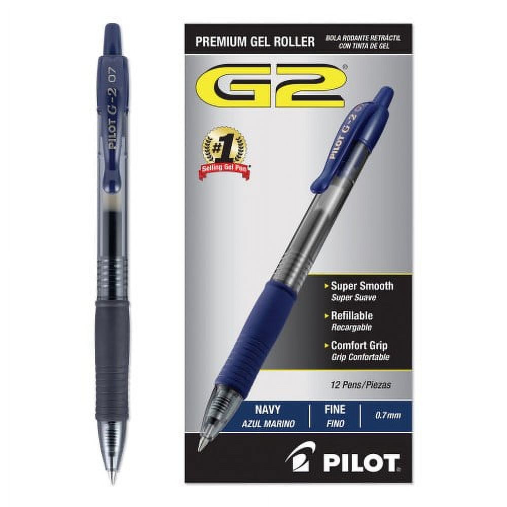 Pilot G2 Premium Gel Pen, Retractable, Fine 0.7 mm, Navy Blue Ink, Smoke/Blue Barrel, Dozen, Each
