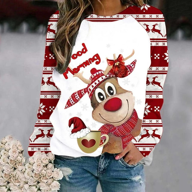 Costumes de Noël en Solde Mode Décontractée Manches Longues Chandail en Molleton Imprimé de Noël Blouse Chandail en Molleton Surdimensionné pour Femmes