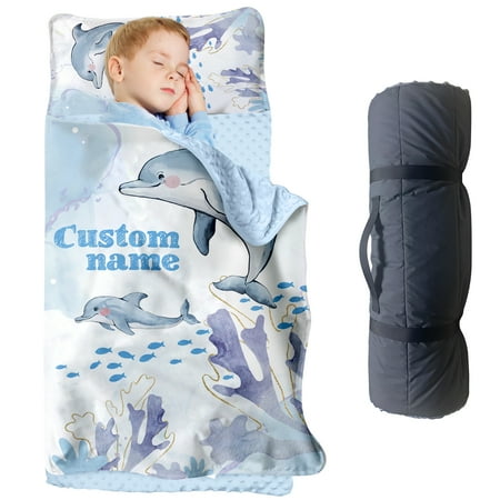 Personalized Toddler Nap Mats for Preschool Custom Name Light Blue Dolphin Kids Sleeping Bag for Daycare Roll Up Sleeping Mat with Removable Pillow and Soft Dot Minky Blanke for Boys Camping Travel