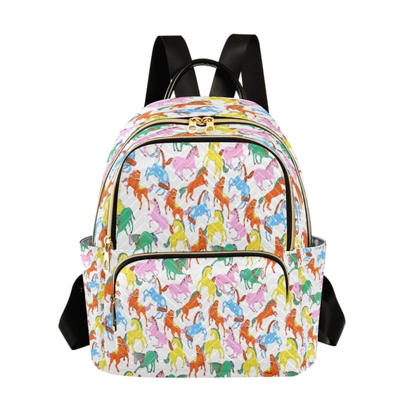 Qxltty Quilted Backpack for Women, Colorful Horse Travel Daypack with Front Pocket for Casual Daily Use