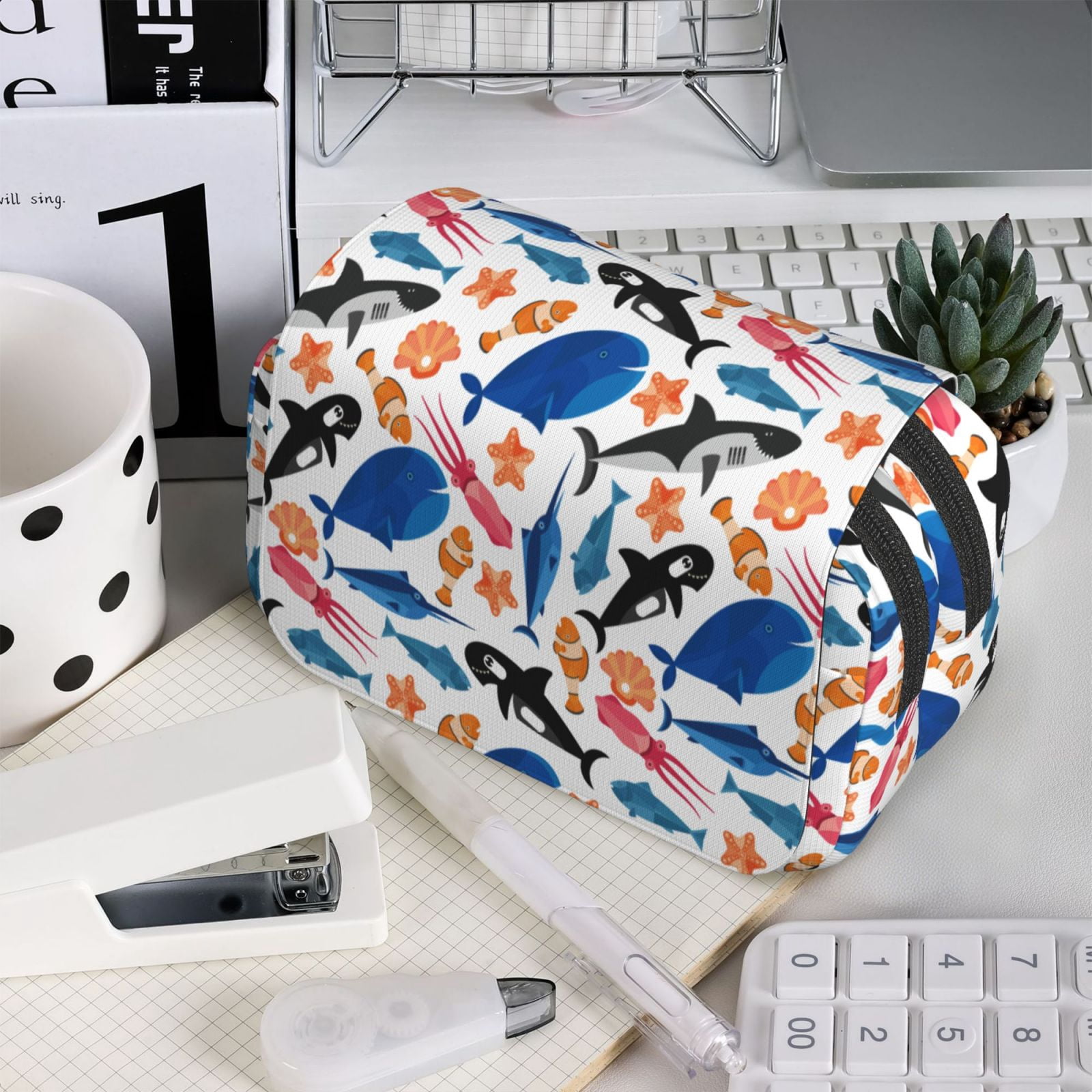 Rateoe Cute Sea Animals Pattern Double Clamshell Pen Case, Storage Organizer with Two Zipper Compartments– Holds Up to 50 Pencils & Pens