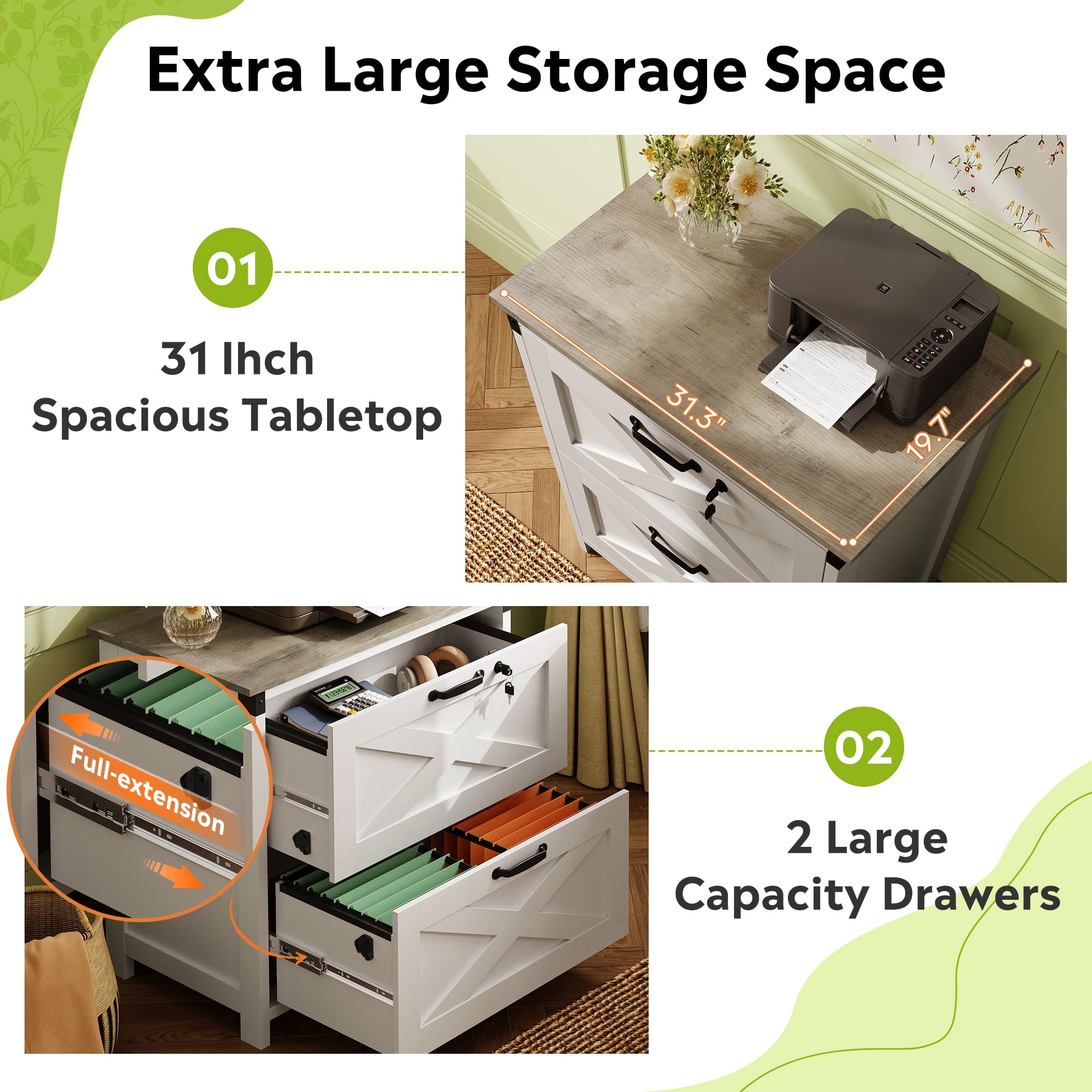 GALAXHERO 2 Drawer Lateral File Cabinet with Lock, Farmhouse Wood Filing Cabinet for Home Office, Fits Letter/Legal/A4, Printer Stand, White
