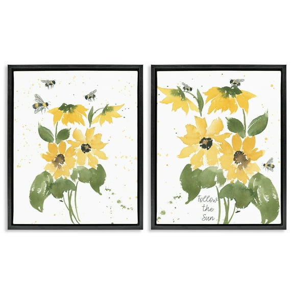 Stupell Industries Follow the Sun Flowers Plants & Flowers Painting Black Floater Framed Canvas Art Print Wall Art, 17 x 21, Set of 2