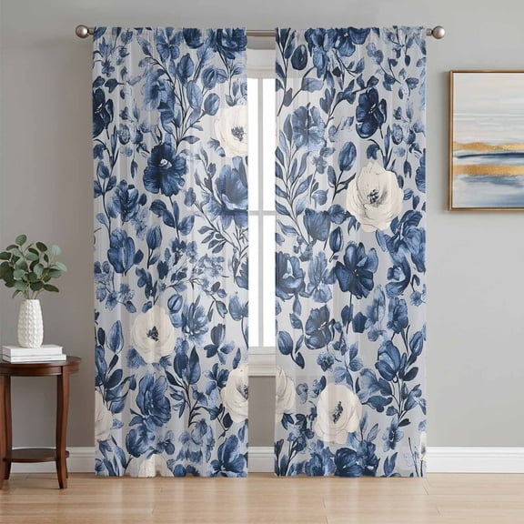 Navy Blue White Peony Sheer Curtains 63 Inch Length 2 Panels Set, Vintage Floral Blossom Voile Window Treatment Rod Pocket Curtains Sheers Drapes for Bedroom/Living Room/Kitchen 52x"63"x2