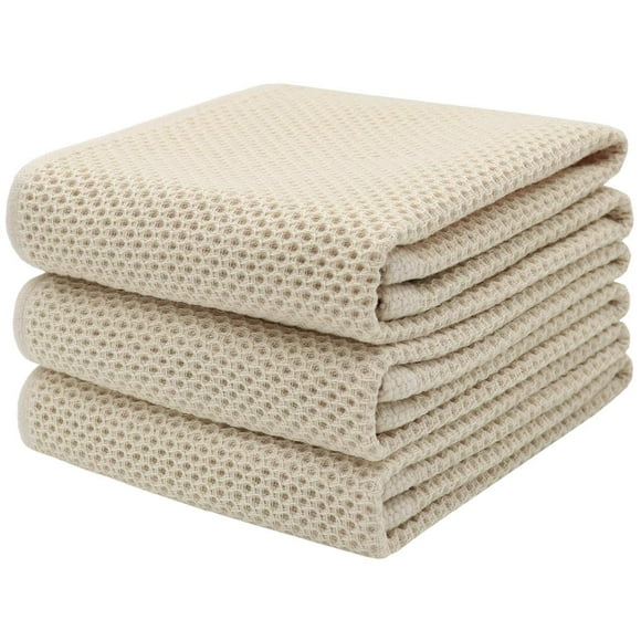 Mia'sDream Serviette en Coton pour Mains et Visage, Tissage Gaufré, Torchon de Cuisine, Serviettes de Bain Douces et Absorbantes, Serviette de Gym pour Invités, 13 Pouces x 28 Pouces, Lot de 3 (Beige)