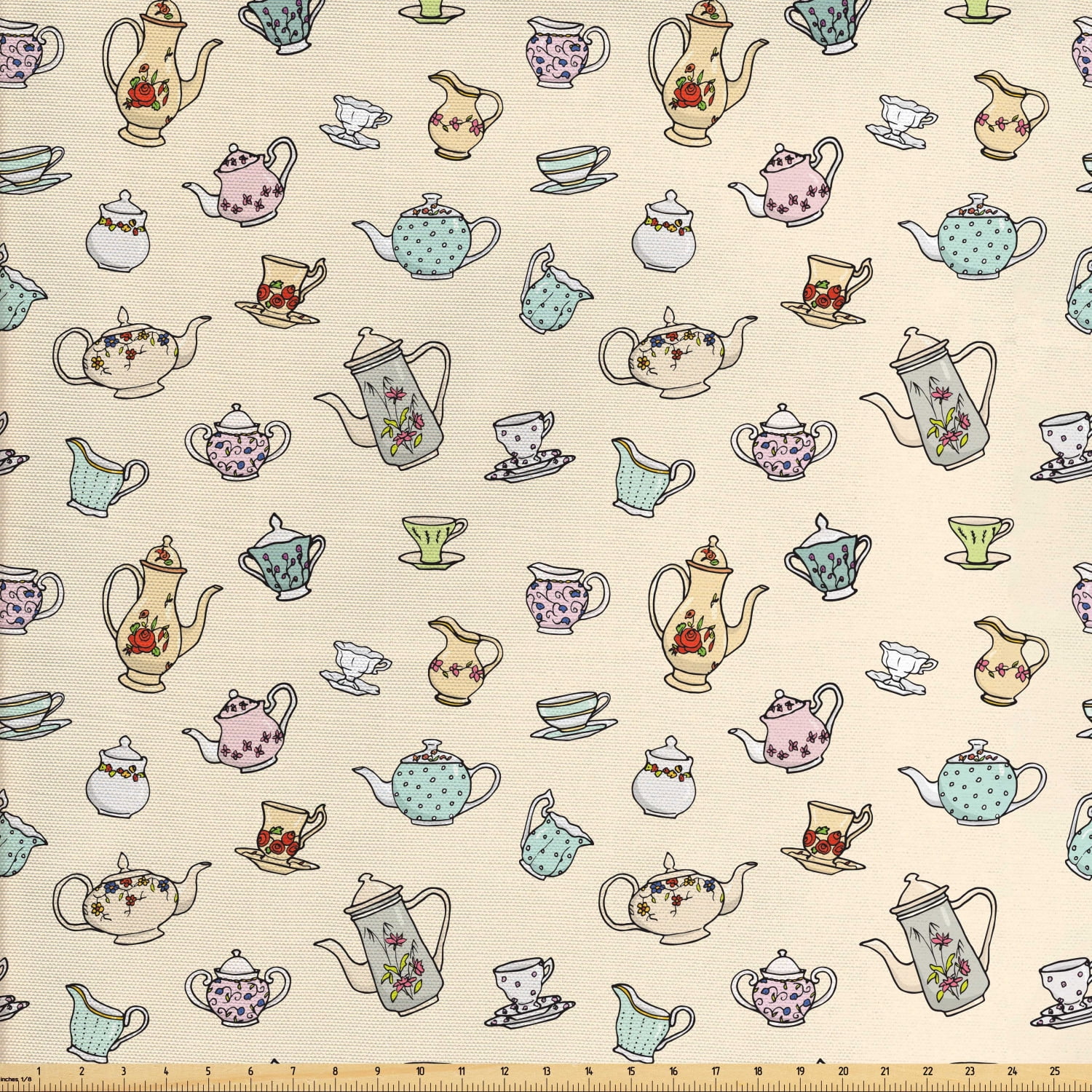 Tea Party Fabric by The Yard, Vintage Teapots and Cups with Colorful