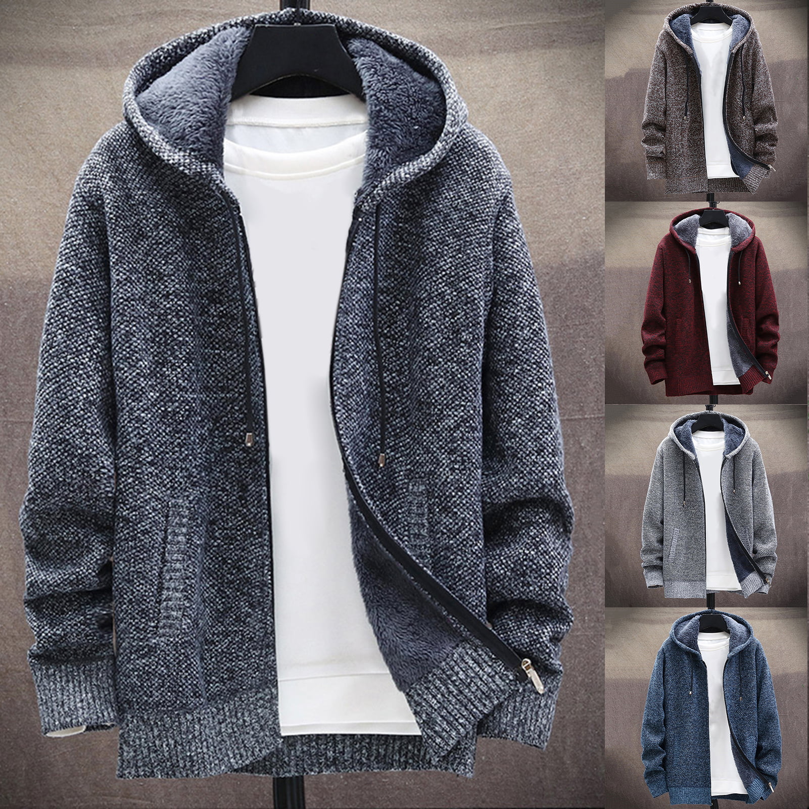 BYWX-Men Knitted Hooded Warm Open Front Long Sleeve Cardigans Sweater 