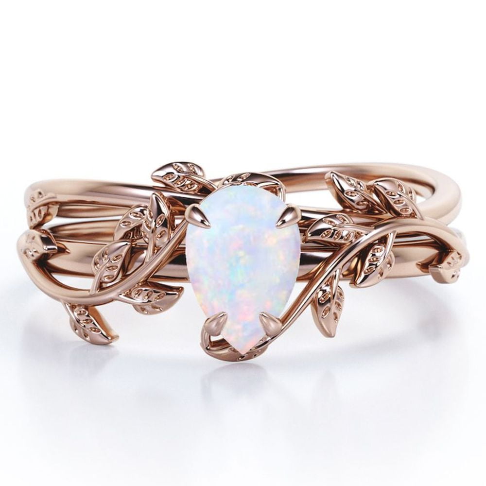 JeenMata Prong Setting 1 Carat Teardrop Natural Opal Leaf Pattern Bridal Ring Set in 18K Rose Gold Plating over Silver