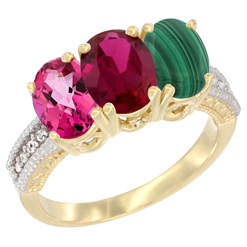 10K Yellow Gold Diamond Natural Pink Topaz, Enhanced Ruby & Malachite Ring 3-Stone 7x5 mm Oval, sizes 5 10 by WorldJewels